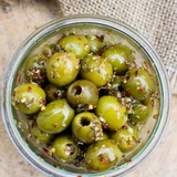 Mr Filbert Olive Snack Vegan Freshly Marinated Olives with Lemon Oregano Chilli Black Pepper 50g