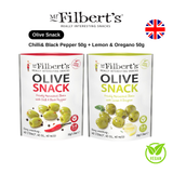 Mr Filbert Olive Snack Vegan Freshly Marinated Olives with Lemon Oregano Chilli Black Pepper 50g