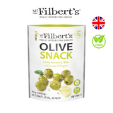 Mr Filbert Olive Snack Vegan Freshly Marinated Olives with Lemon Oregano Chilli Black Pepper 50g